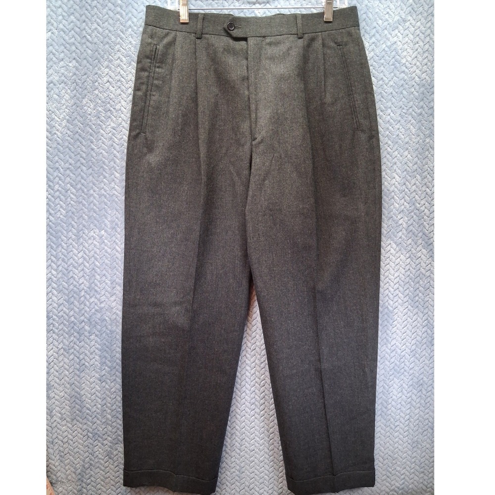 Louis Raphael Mens 33x30 Wool Pleated Dress Pants Charcoal Gray Cuffed Trousers